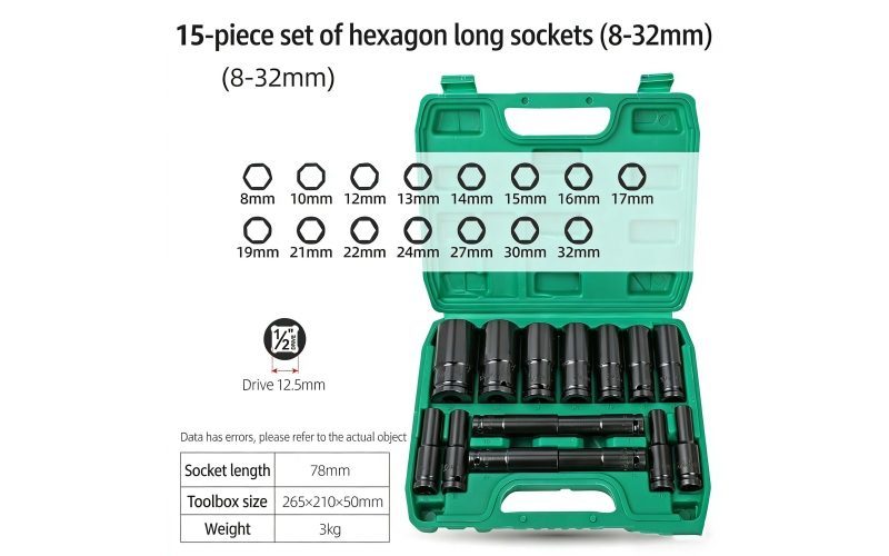 15pcs/20pcs Socket Sets 1/2" drive hexagon Long 78mm