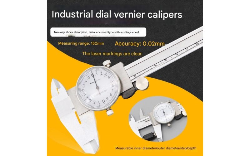 4‑Way Dial Vernier Caliper 0‑150mm, Dual‑Way Shockproof, Gold & Silver Bezel, for Depth & Step Measurement